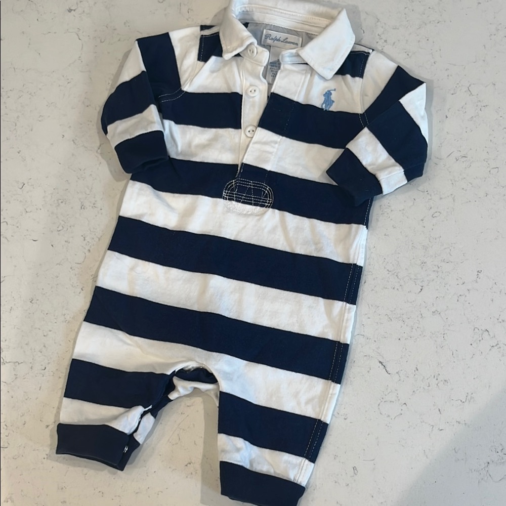 Ralph Lauren Navy and White Stripe Coverall.  Size 3M.